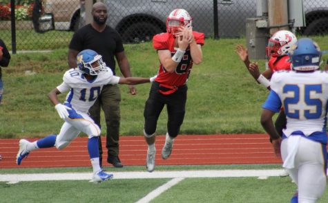 WR Michael Matich makes a leaping catch in Floral Park's 34-13 defeat to Roosevelt.