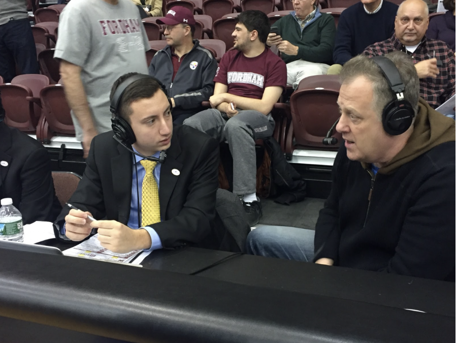 Tom Scibelli, working next to Michael Kay, the legendary New York sports broadcaster. Both Scibelli and Kay graduated from Fordham University.